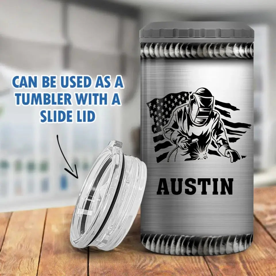 Personalized US Welder Working US Flag Can Cooler 16oz Printed VQ241685