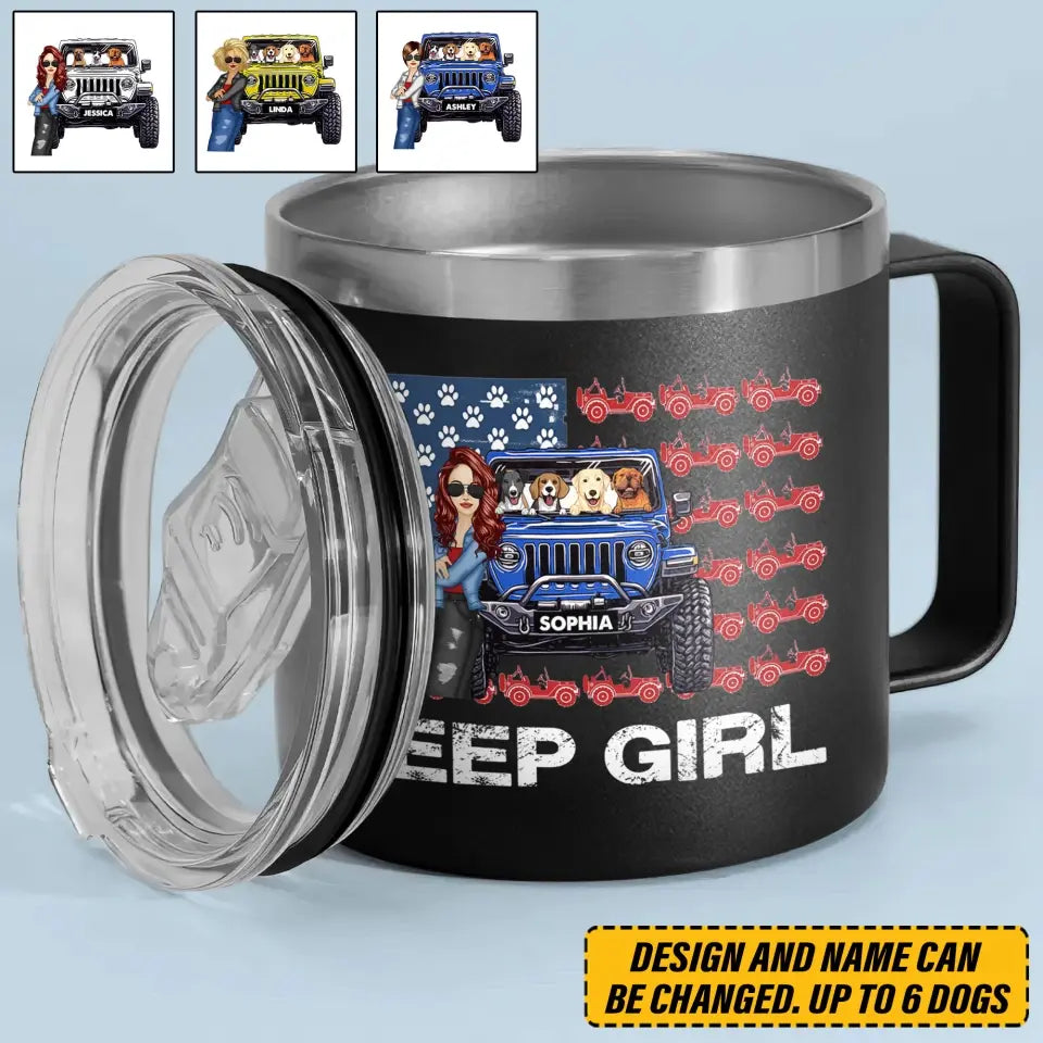 Personalized Jeep Girl & Dogs Jeep US Flag Coffee Cup Printed VQ241751