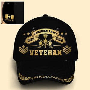 Personalized This We'll Defend Canadian Army Veteran Logo & Rank Cap 3D Printed QTVQ241792