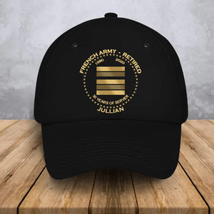 Personalized French Veteran Retired Custom Rank & Name Served Time Black Cap Printed AHVA24833