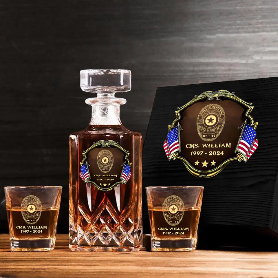 Personalized US Police Bagde Custom Name & Time 
Decanter Set With Glasses Or Whiskey Glass Printed AHVA241836