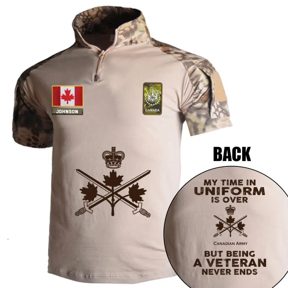 Personalized My Time In Uniform Is Over Canadian Army But Being A Veteran Never Ends Canadian Veteran Rank Camo Hiking Army Shirt Printed AHVQ241860