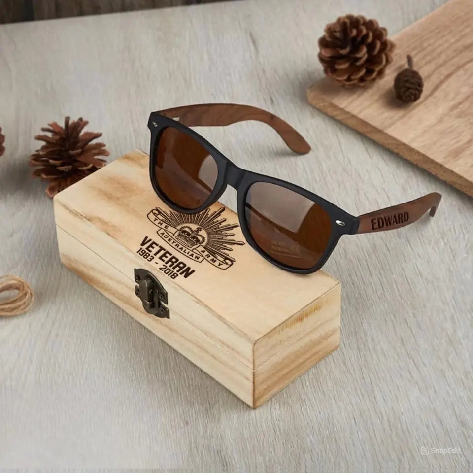 Personalized Australian Army Veteran Logo Custom Name & Time Engraved Wooden Sunglasses Printed VQ241898