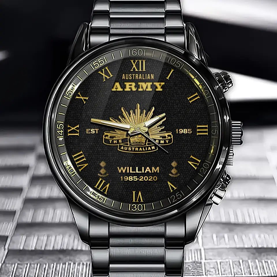 Personalized Australian Army Veteran Australian Military Logo Custom Rank Gold & Service Time Watch Printed AHVA241938