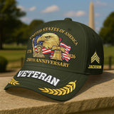 Personalized Premium America 250th Anniversary Embroidered US Veterans Hats C25032601, Gifts For U.S. Veterans, Gifts For Independence Day, Veterans Day.