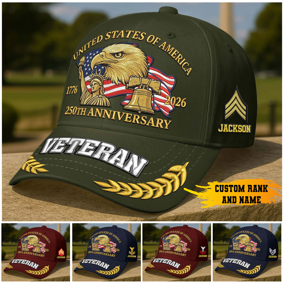 Personalized Premium America 250th Anniversary Embroidered US Veterans Hats C25032601, Gifts For U.S. Veterans, Gifts For Independence Day, Veterans Day.