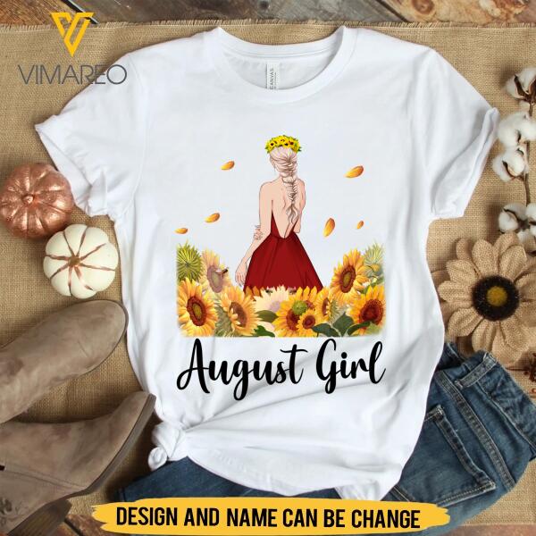 PERSONALIZED AUGUST GIRL SUNFLOWER WHITE TSHIRT PRINTED TNMA2907