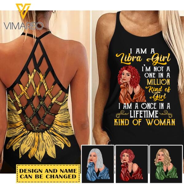 PERSONALIZED LIBRA GIRL CRISS CROSS TANK SUNFLOWER TNTN1708