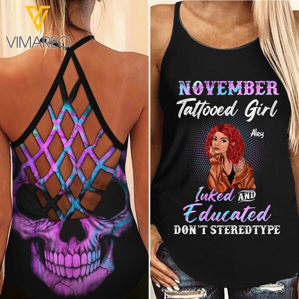 PERSONALIZED NOVEMBER TATTOOED GIRL CRISS CROSS TANK SKULL TNDT0709