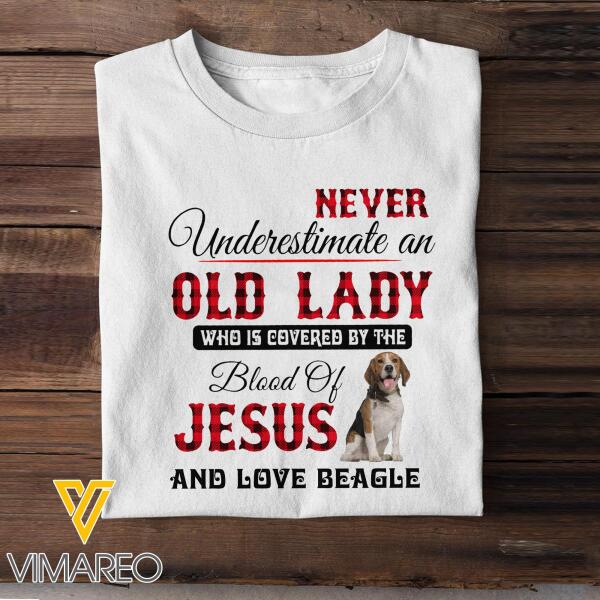 NEVER UNDERESTIMATE AN OLD LADY LOVE JESUS AND BEAGLE TSHIRT