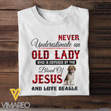 NEVER UNDERESTIMATE AN OLD LADY LOVE JESUS AND BEAGLE TSHIRT