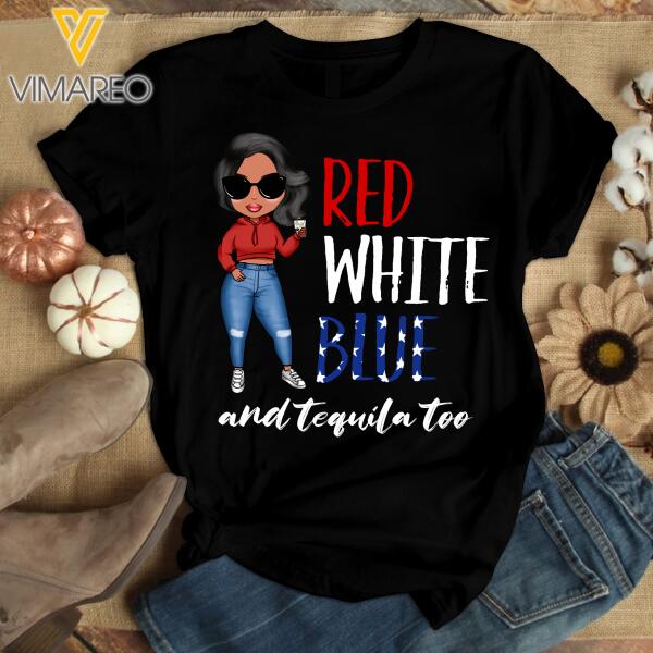 PERSONALIZED RED WHITE BLUE AND TEQUILA TOO BLACK TSHIRT TNDT2201
