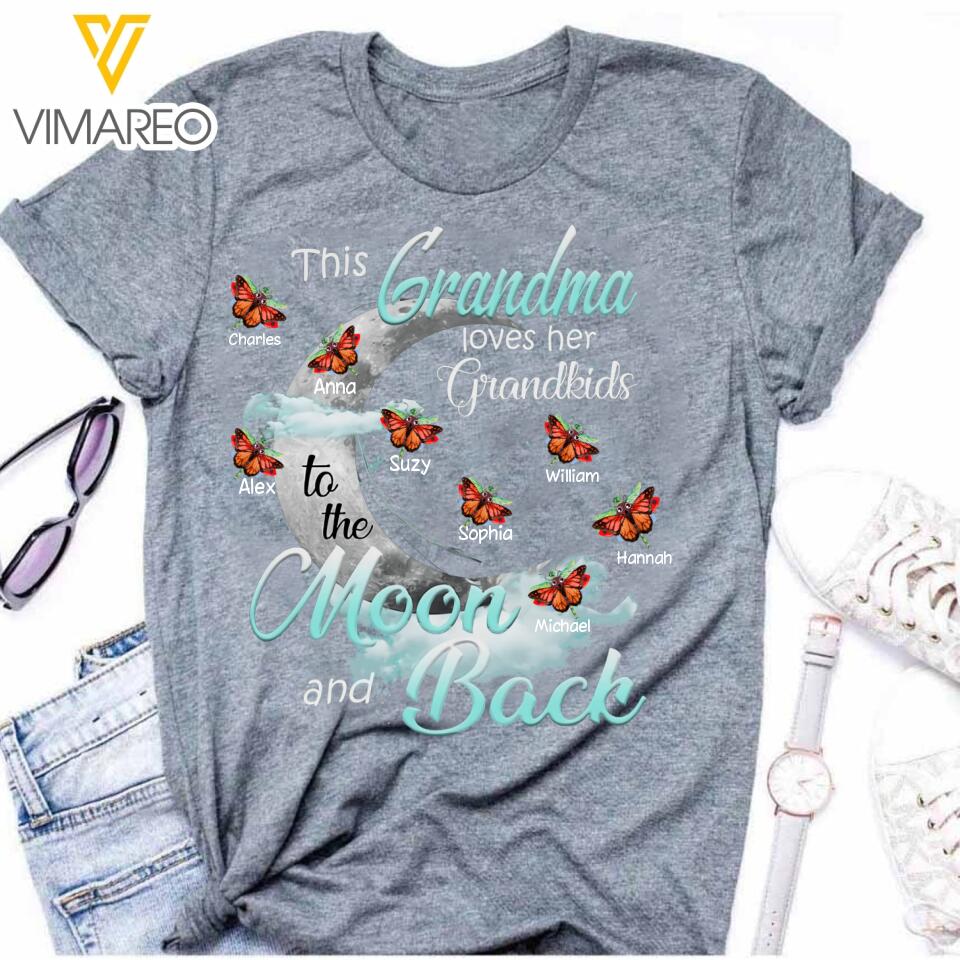 PERSONALIZED THIS GRANDMA LOVES HER GRANDKIDS TO THE MOON AND BACK GREY TSHIRT QTMQ1803