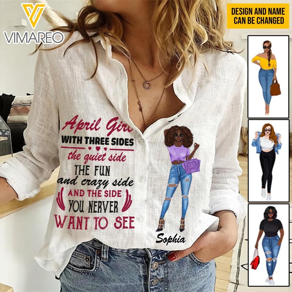 Personalized April Girl With Three Sides Women Linen Shirt QTTQ2403