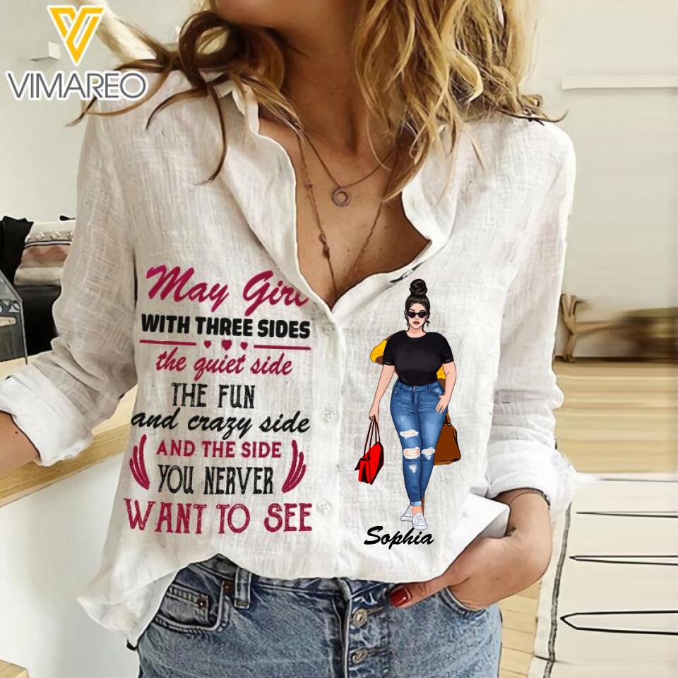Personalized May Girl With Three Sides Women Linen Shirt QTTQ2403