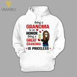 PERSONALIZED BEING A GRANDMA IS AN HONOR BEING A GREAT GRANDMA IS PRICELESS TSHIRTS OR HOODIE QTT3003