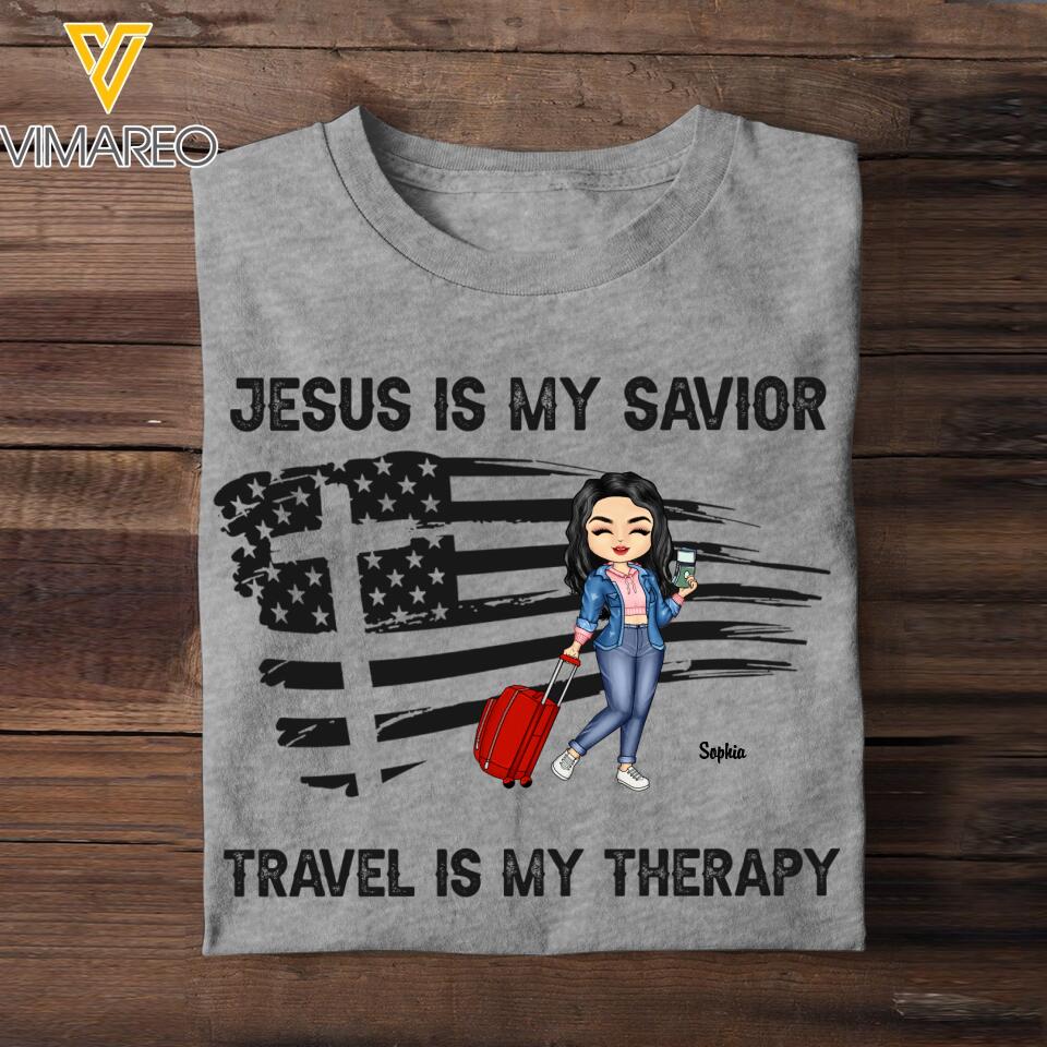 PERSONALIZED JESUS IS MY SAVIOR TRAVEL IS MY THERAPY GREY TSHIRT TNHC1801