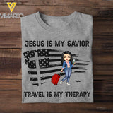 PERSONALIZED JESUS IS MY SAVIOR TRAVEL IS MY THERAPY GREY TSHIRT TNHC1801
