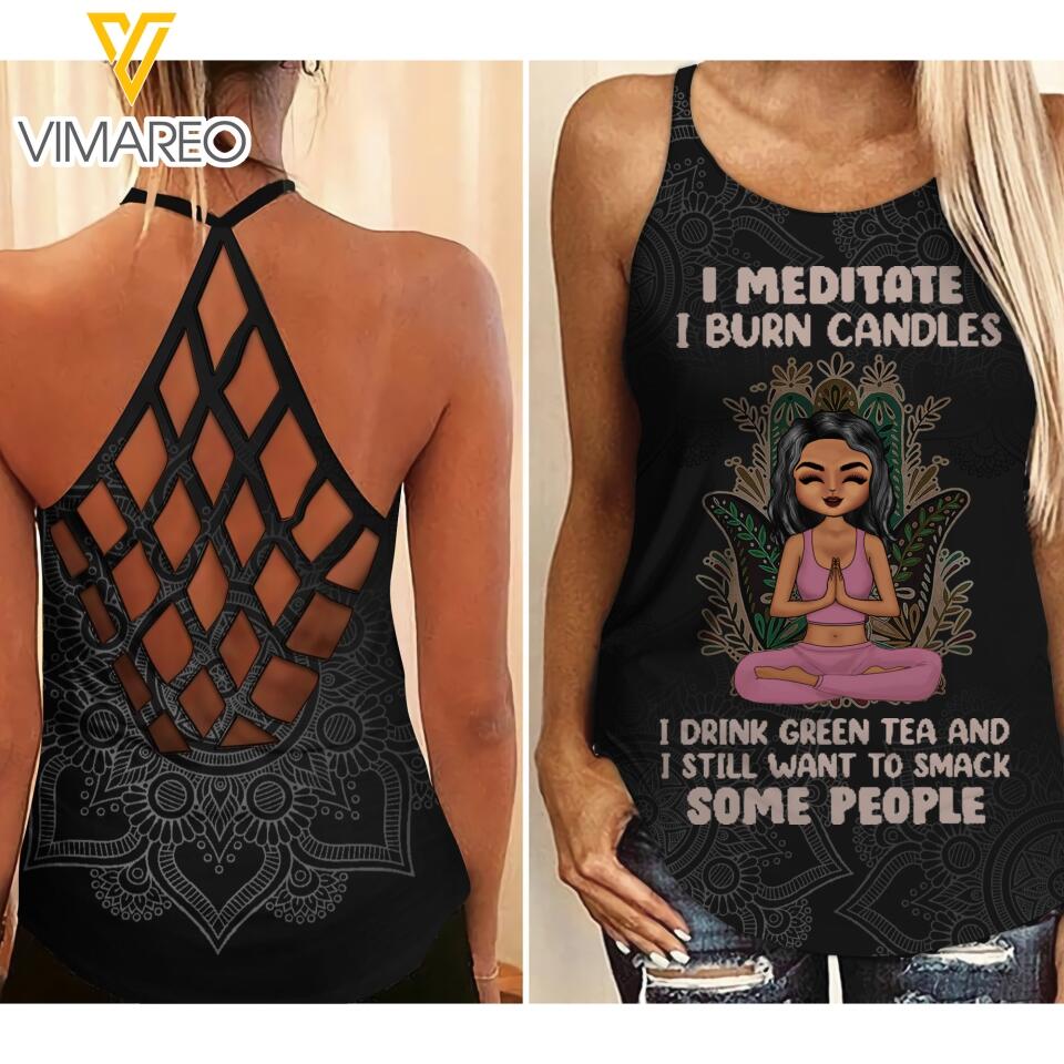 PERSONALIZED I MEDITATE I BURN CANDLES TSHIRT / CRISS CROSS TANK QTTQ0303