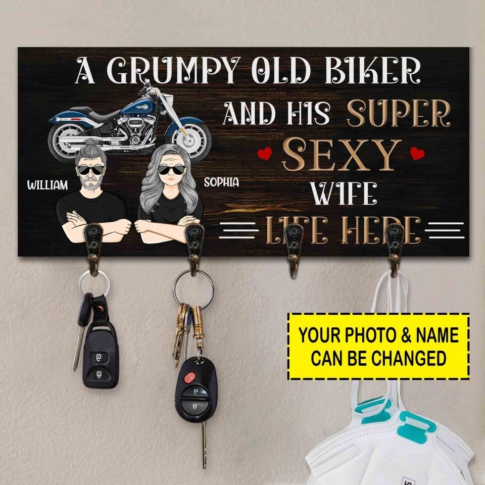 Personalized A Grumpy Old Biker And His Supper Sexy Wife Live Here Key Holder Printed 22JUL-HY15