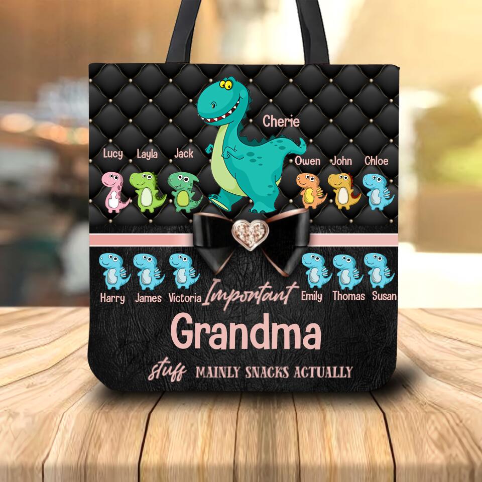 Personalized Important Grandma Stuff Maily Snacks Actually Dinosaur Kid Name Tote Bag QTVQ1406