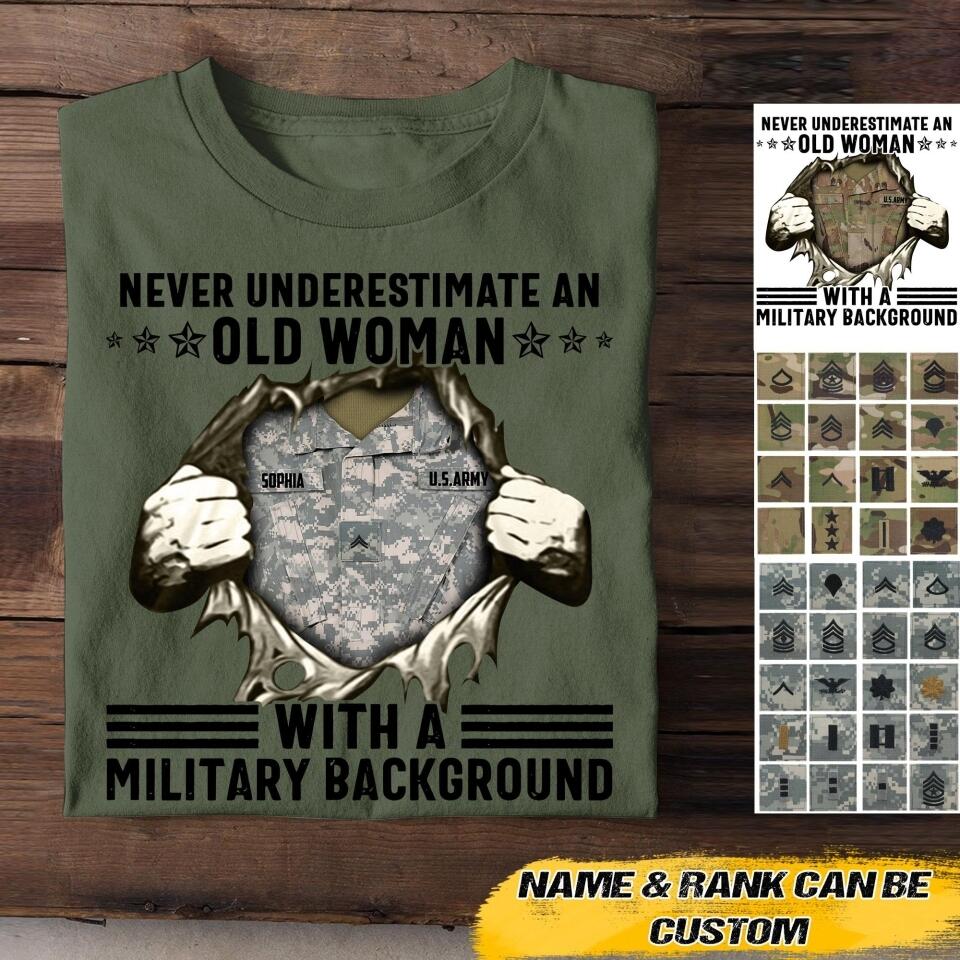Personalized Never Underestimate An Old Woman With A Military Background Tshirt Printed QTVQ1706