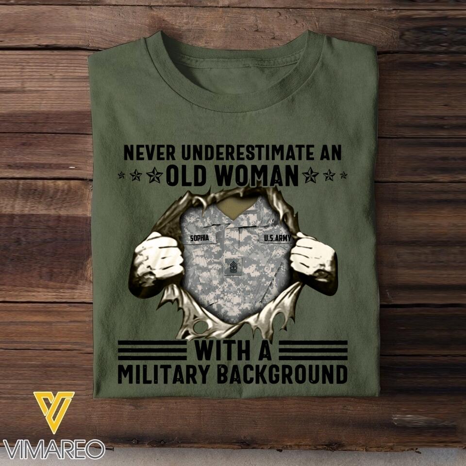 Personalized Never Underestimate An Old Woman With A Military Background Tshirt Printed QTVQ1706