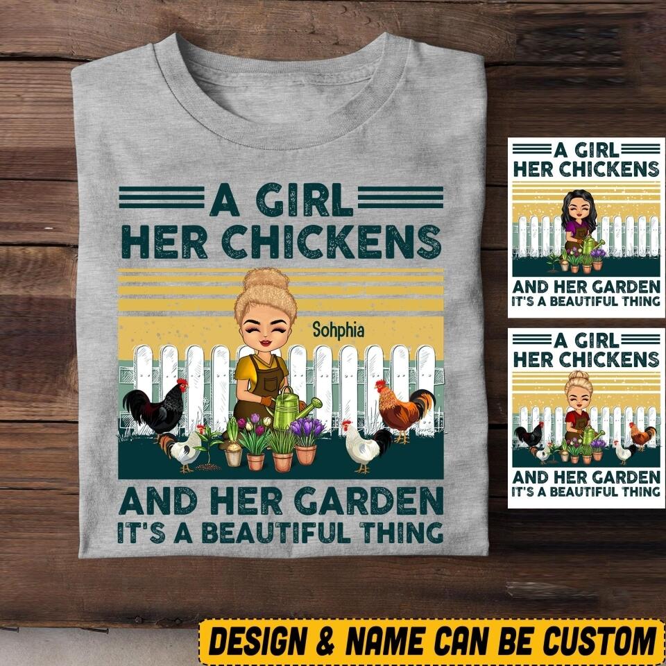 Personalized A Girl Her Chickens And Her Garden Tshirt Printed NQVQ1706