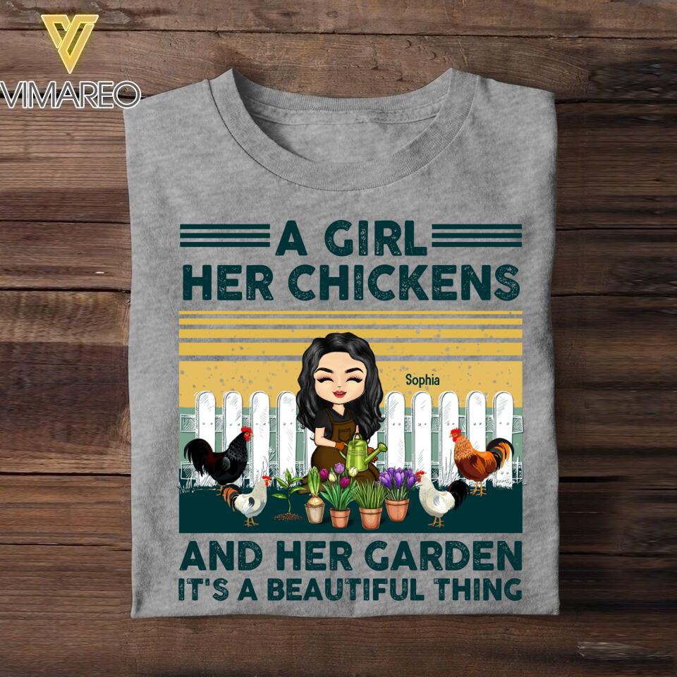 Personalized A Girl Her Chickens And Her Garden Tshirt Printed NQVQ1706