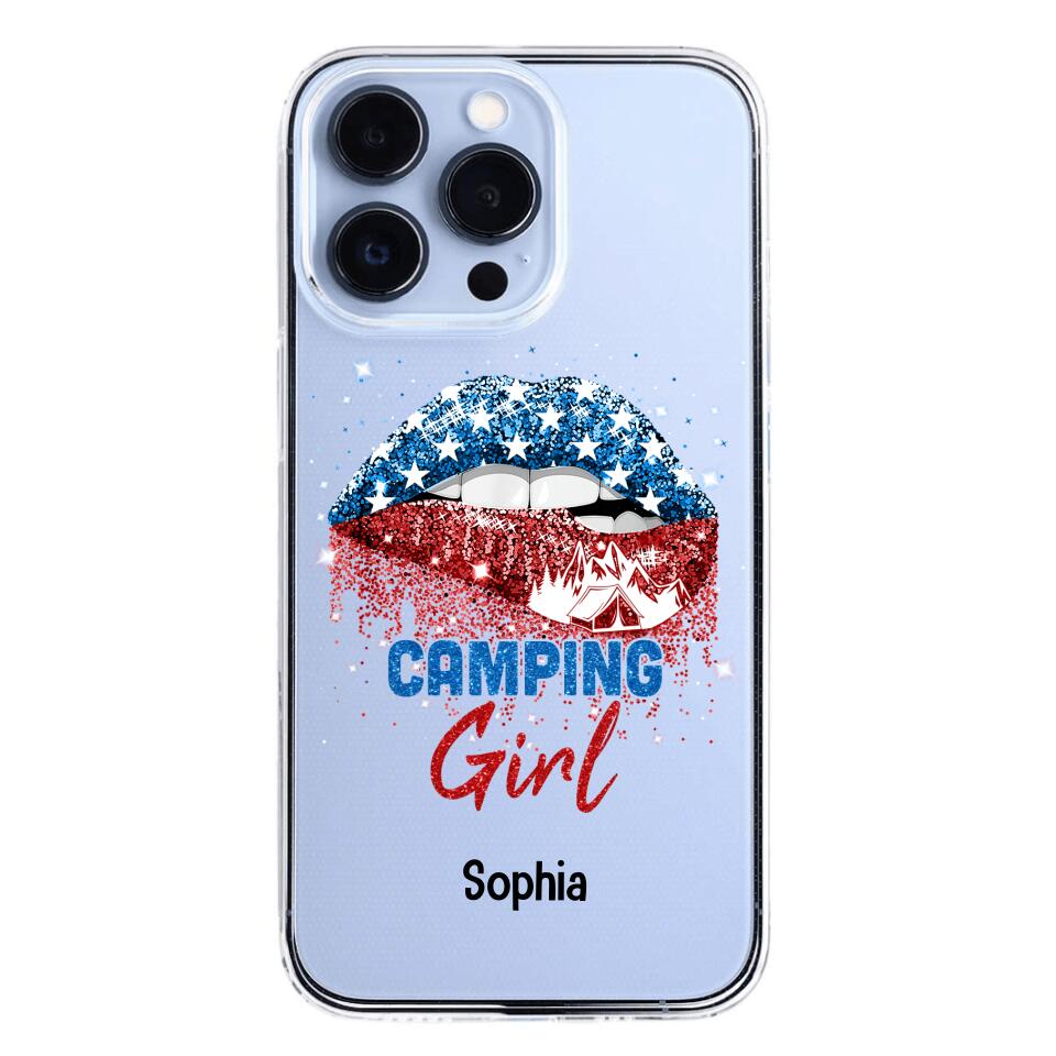 Personalized Camping Girl Us Flag Silicon Phonecase NQHC2206