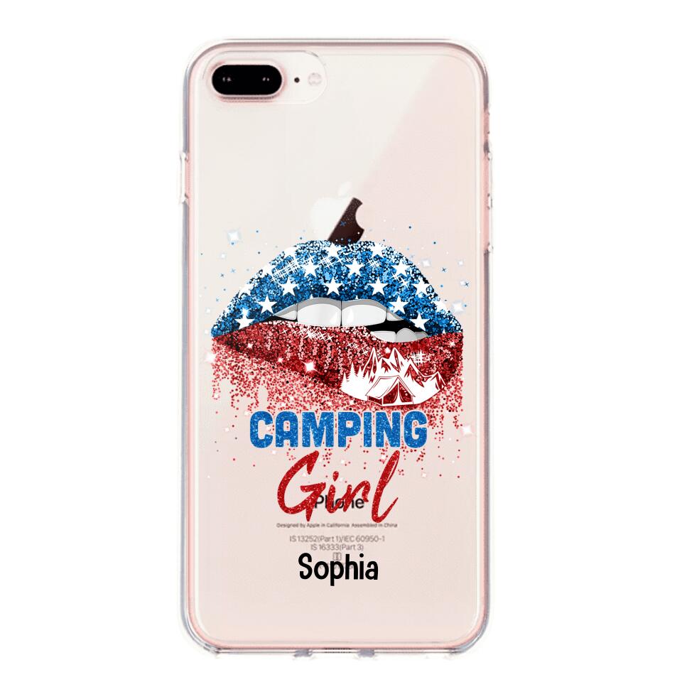 Personalized Camping Girl Us Flag Silicon Phonecase NQHC2206