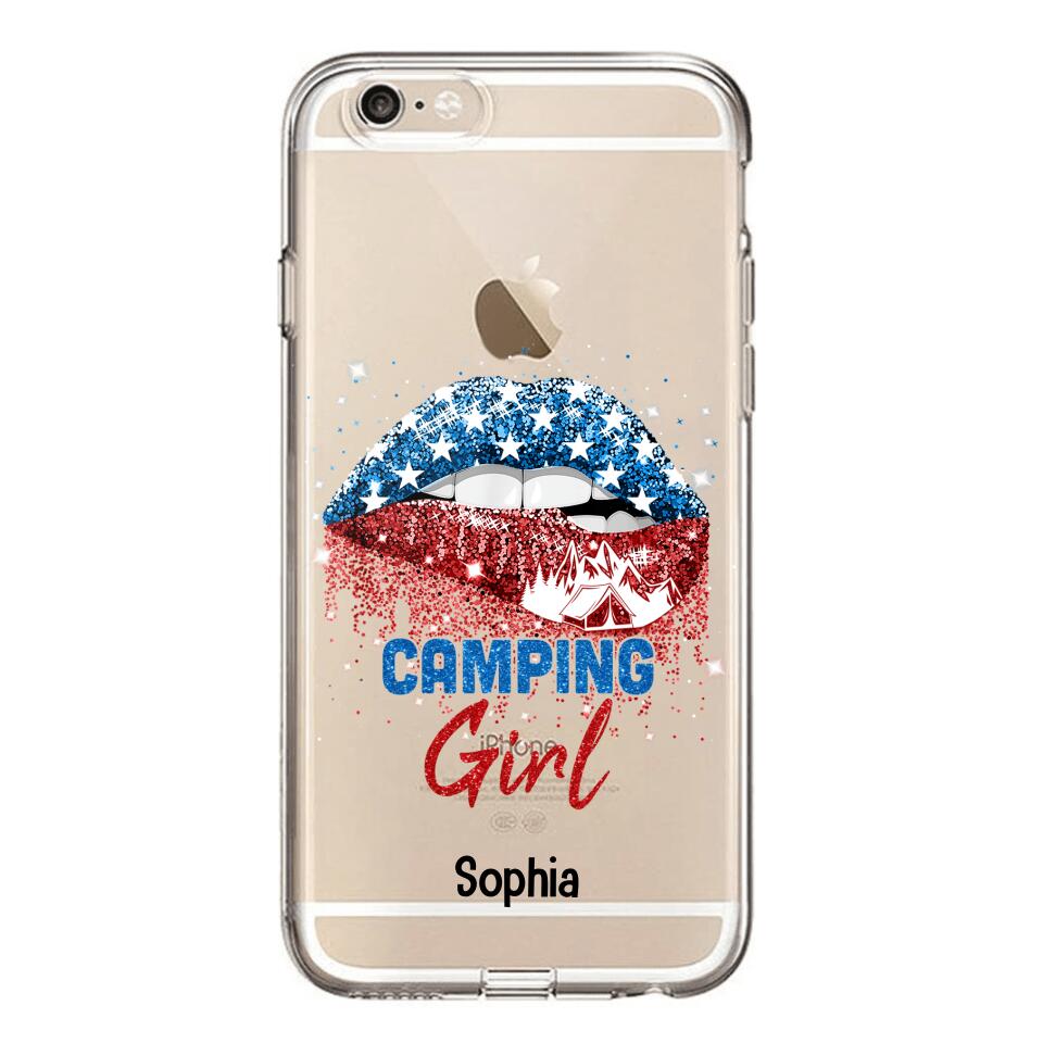 Personalized Camping Girl Us Flag Silicon Phonecase NQHC2206