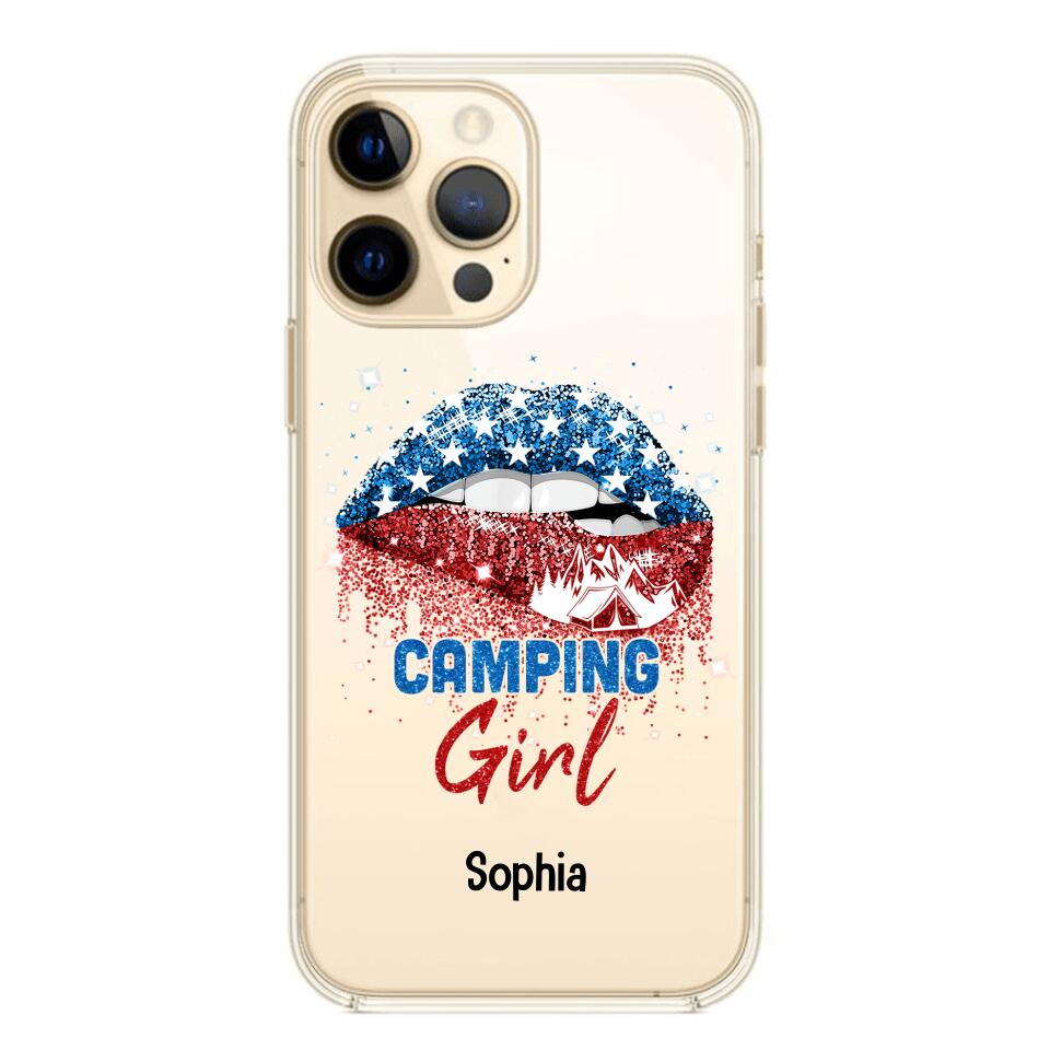 Personalized Camping Girl Us Flag Silicon Phonecase NQHC2206