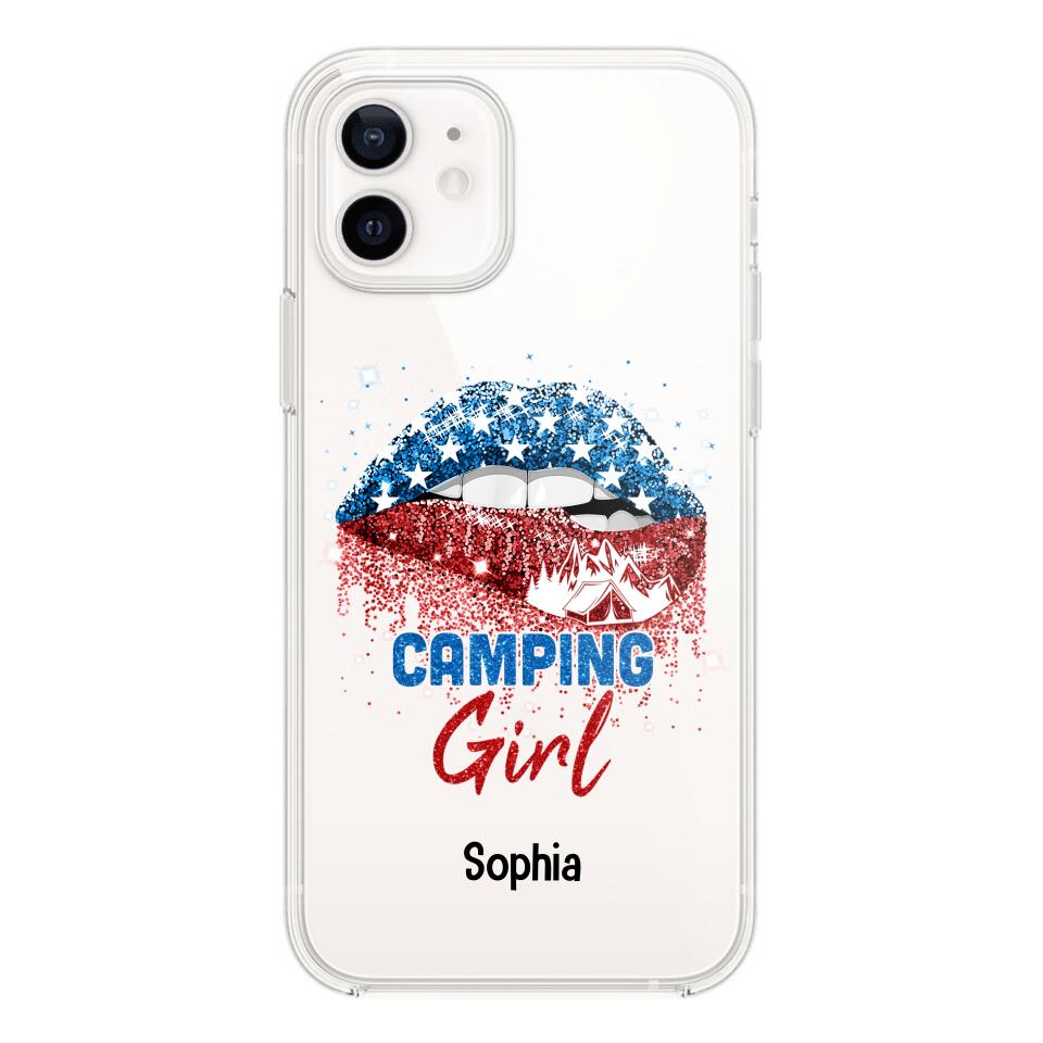 Personalized Camping Girl Us Flag Silicon Phonecase NQHC2206