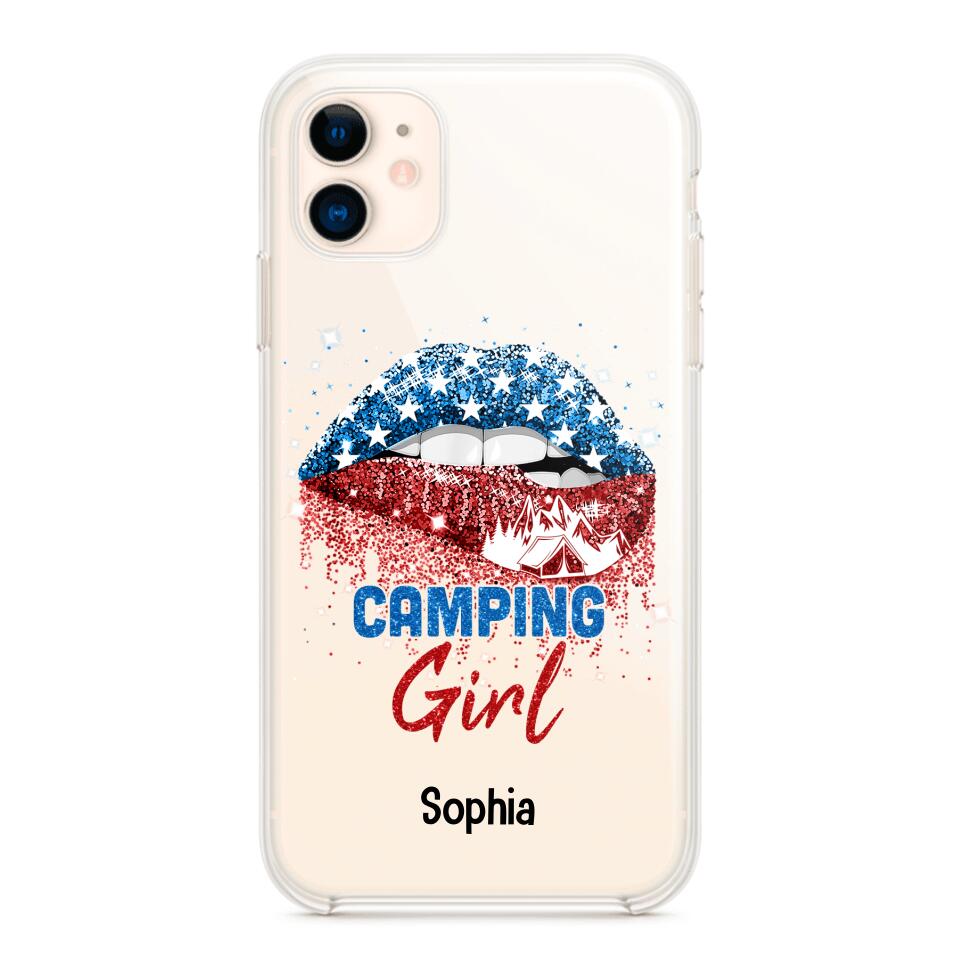 Personalized Camping Girl Us Flag Silicon Phonecase NQHC2206