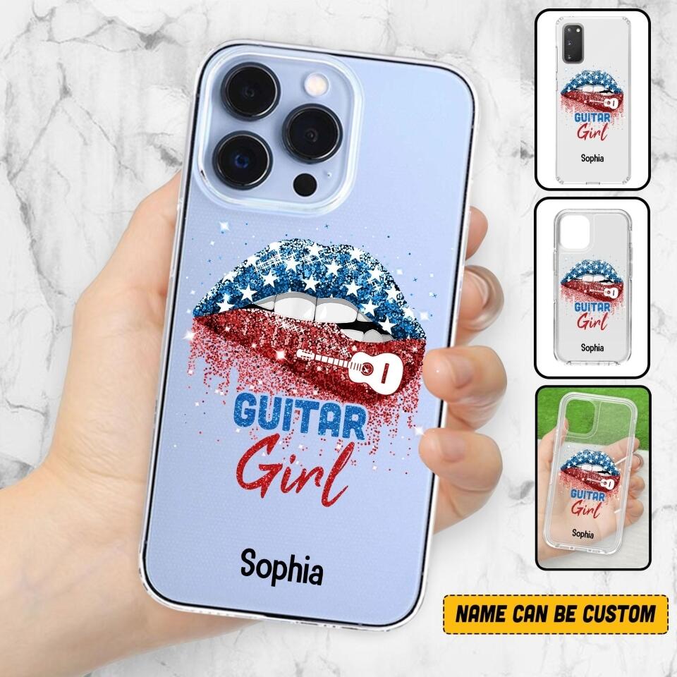 Personalized Guitar Girl Us Flag Silicon Phonecase NQHC2206