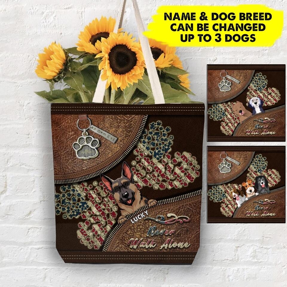 PERSONALIZED NEVER WALK ALONE DOG NAME HEART US FLAG TOTE BAG NQHC2306
