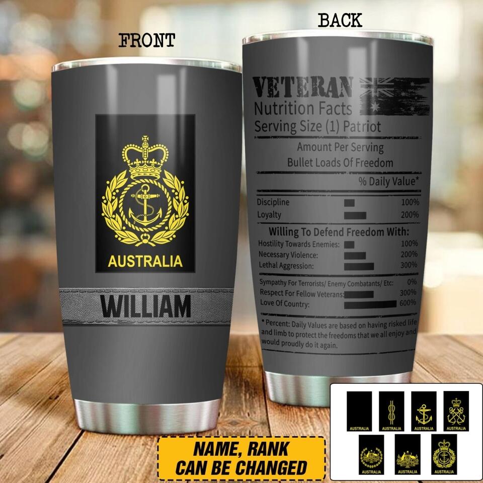 Personalized Australian Navy Veterans Nutrition Facts Tumbler Printed QTDT3006