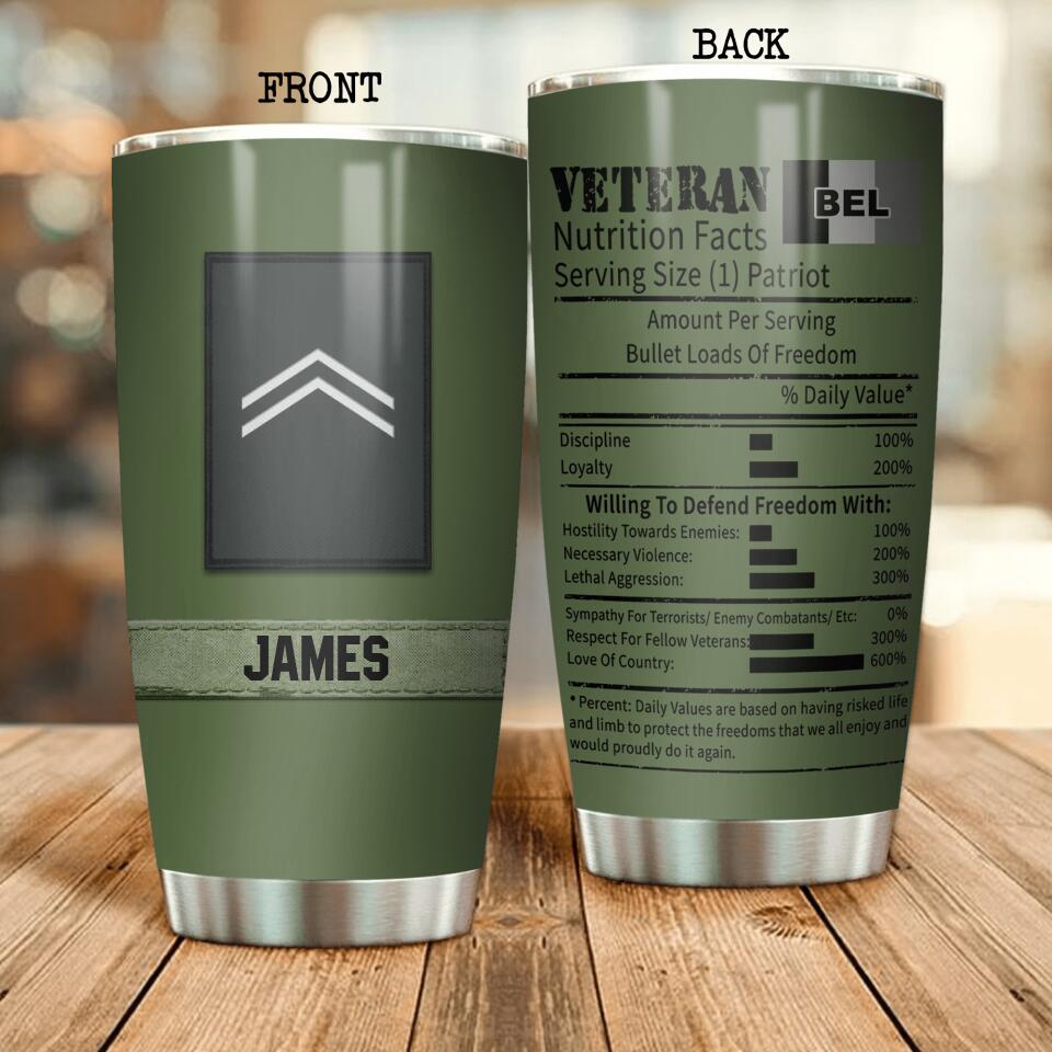 Personalized Belgium Veterans Nutrition Facts Tumbler Printed QTDT3006