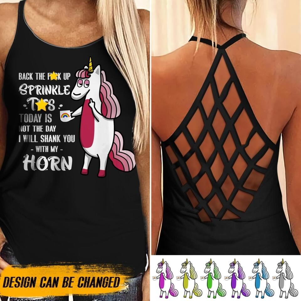 Personalized Back The Fuck Up Sprinkle Tits Horn Unicorn Criss Cross Tank QTDT0207