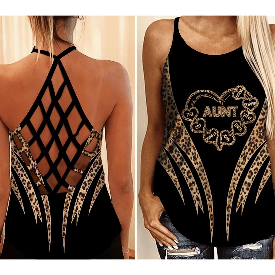 Personalized Aunt Kid Name Leopard Criss Cross Tank QTVQ1107