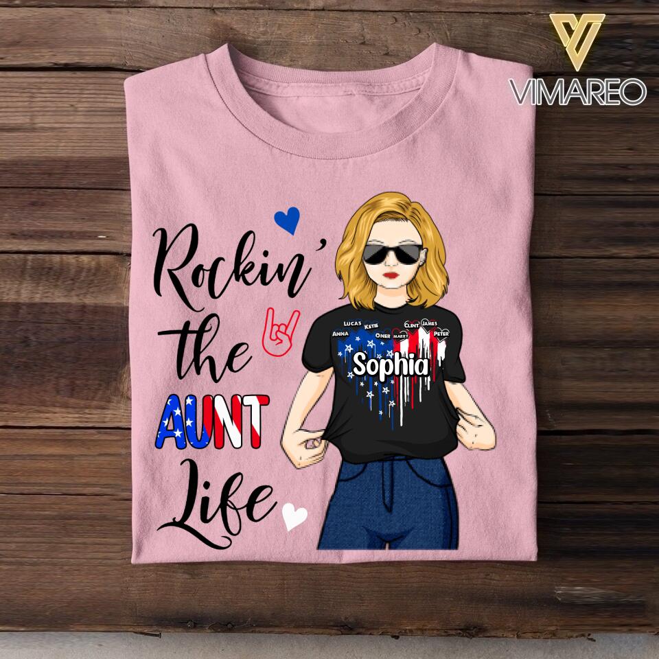 Personalized Rockin' The Aunt Life Flag Heart Tshirt Printed 22JUY-DT14