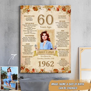 PERSONALIZED 1962 & 60th BIRTHDAY UPLOAD PHOTO CANVAS PRINTED NQDT3007