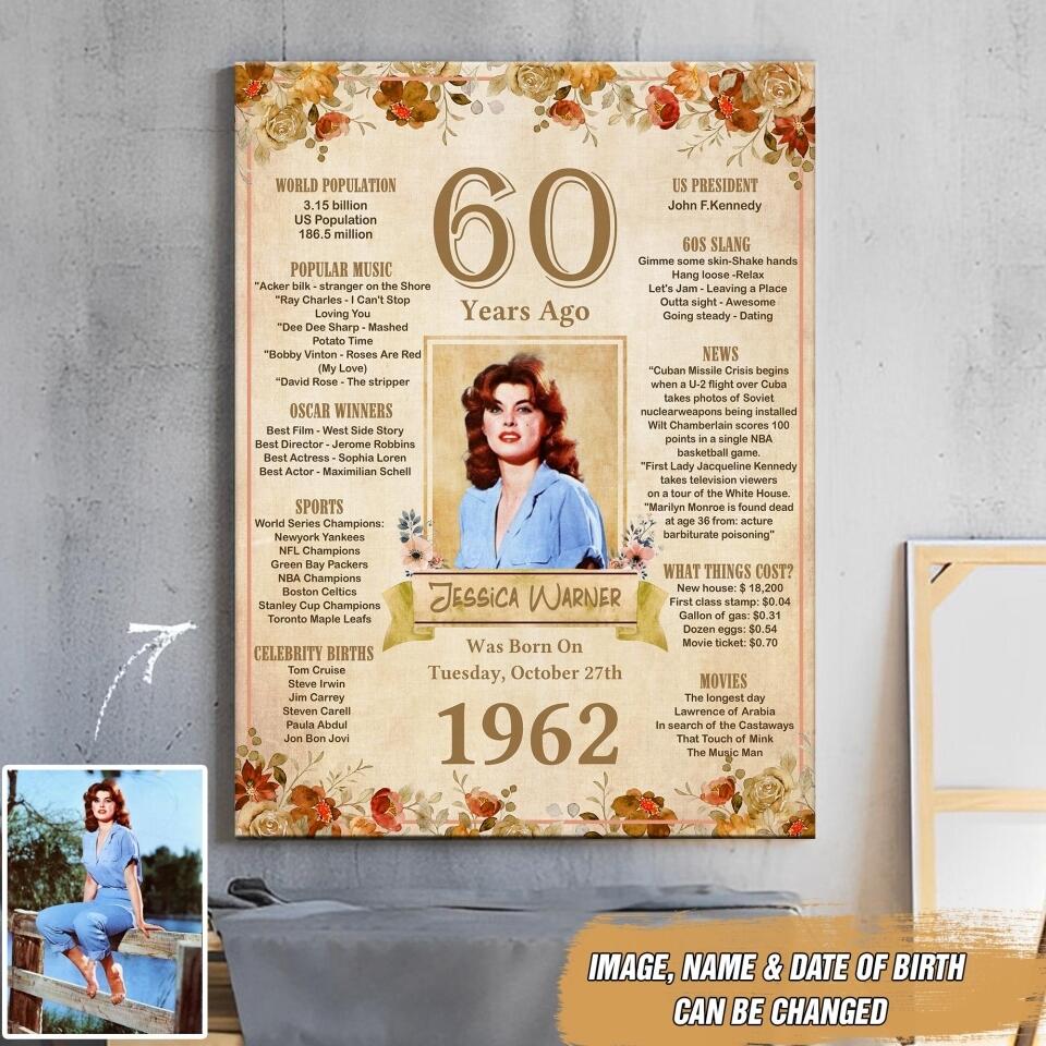PERSONALIZED 1962 & 60th BIRTHDAY UPLOAD PHOTO CANVAS PRINTED NQDT3007