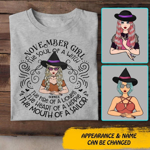 Personalized November Girl The Soul Of A Witch The Fire Of Lioness The Heart Of Hippie Tshirt Printed QTDT1508