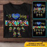 Personalized  I Love Being Nana Grandma Title Hand Foot Kid Name Tshirt Printed QTDT1609