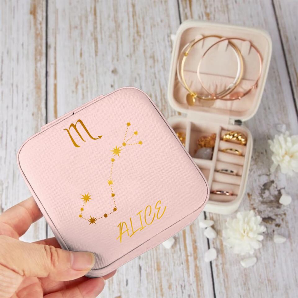 Personalized Zodiac Leather Jewelry Travel Box Printed PNDT0712