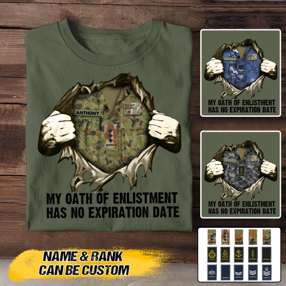 Personalized Australian Soldier/ Veteran My Oath Of Enlistment Has No Expiration Date Rank Camo  Tshirt Printed 22DEC-HY24