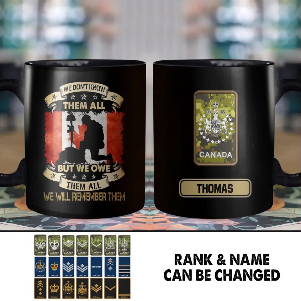 Personalized We Don't Know Them All But We Owe Them All  We Will Remember Them Canadian Soldier/ Veteran Rank Camo Black Mug Printed 22DEC-HY26