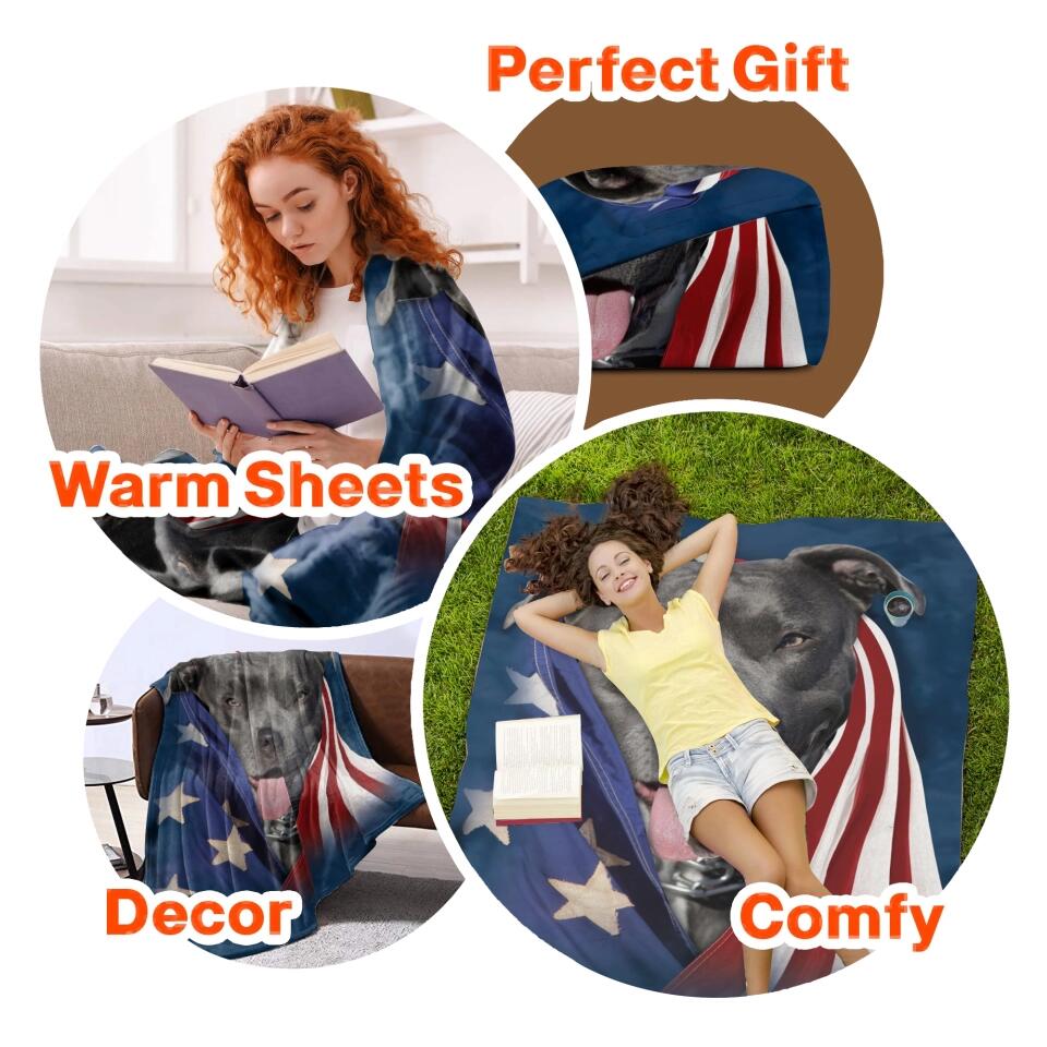 Personalized Your Pitbull Image US Flag Quilt Blanket Printed QTHQ0301